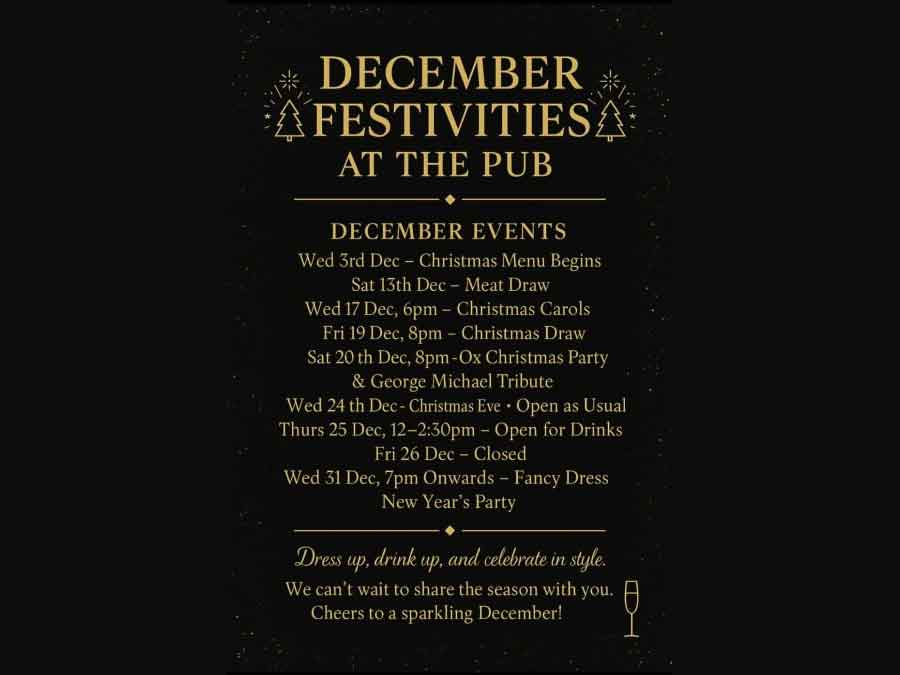 December festivities at the Old Ox Inn Shillingstone Dorset. Christmas carols, parties and live music plus a fancy dress New Year's Eve party.